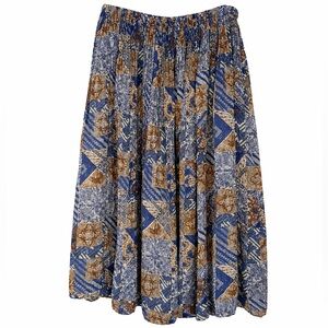Vintage Boho Coastal Blue and Brown Patchwork Midi Skirt Made in Canada